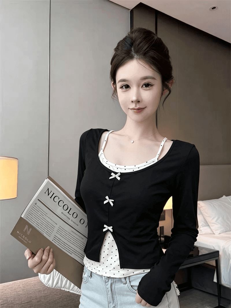 실사 가을 낮음 라운드 넥 패치워크 도트 무늬 행침 목 스타일 레이스업 몸매 가꾸기 긴팔 나비 매듭 페이크 레이어드 풀오버 티셔츠 상세 이미지 7