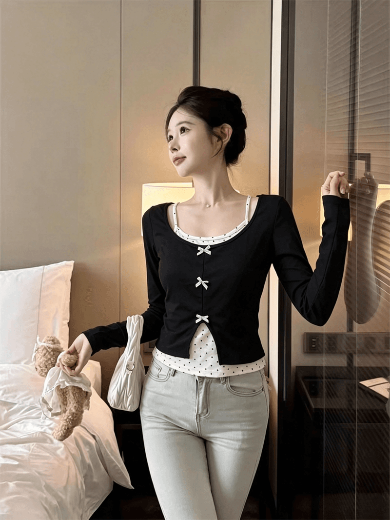 실사 가을 낮음 라운드 넥 패치워크 도트 무늬 행침 목 스타일 레이스업 몸매 가꾸기 긴팔 나비 매듭 페이크 레이어드 풀오버 티셔츠 상세 이미지 9