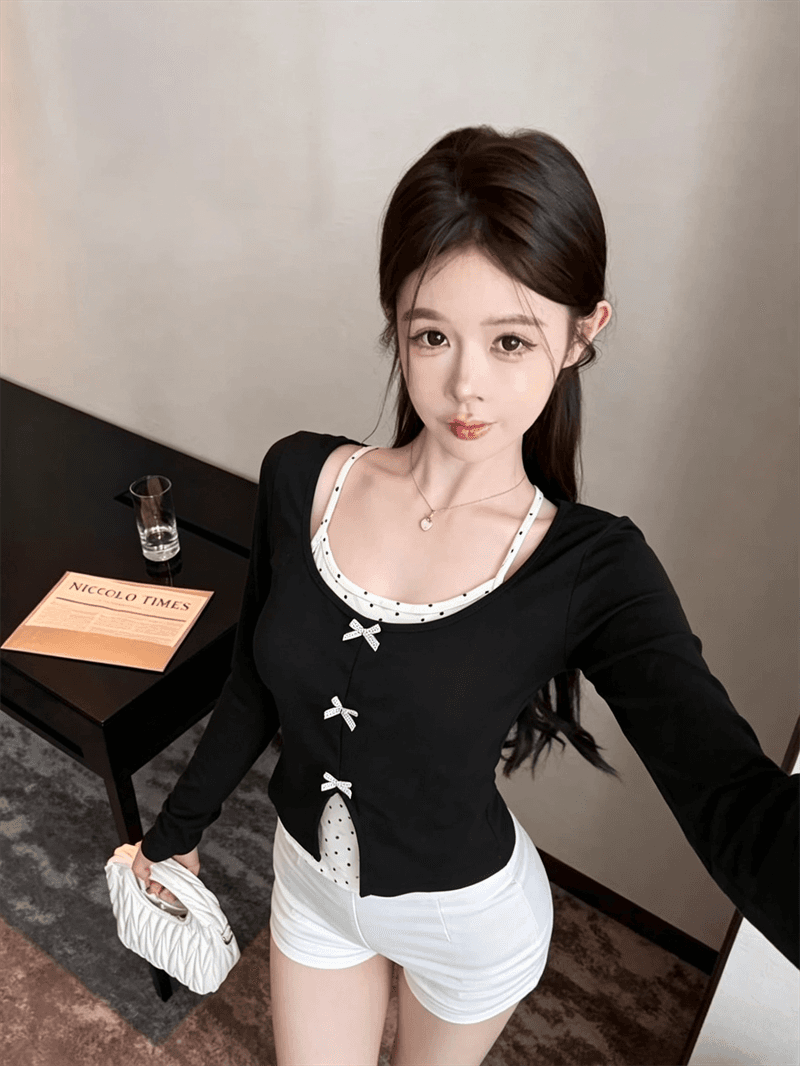 실사 가을 낮음 라운드 넥 패치워크 도트 무늬 행침 목 스타일 레이스업 몸매 가꾸기 긴팔 나비 매듭 페이크 레이어드 풀오버 티셔츠 상세 이미지 11