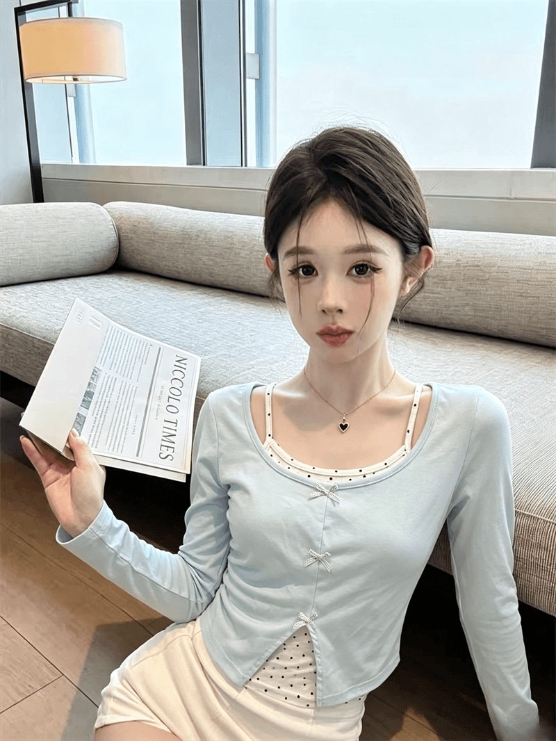 실사 가을 낮음 라운드 넥 패치워크 도트 무늬 행침 목 스타일 레이스업 몸매 가꾸기 긴팔 나비 매듭 페이크 레이어드 풀오버 티셔츠 상세 이미지 12