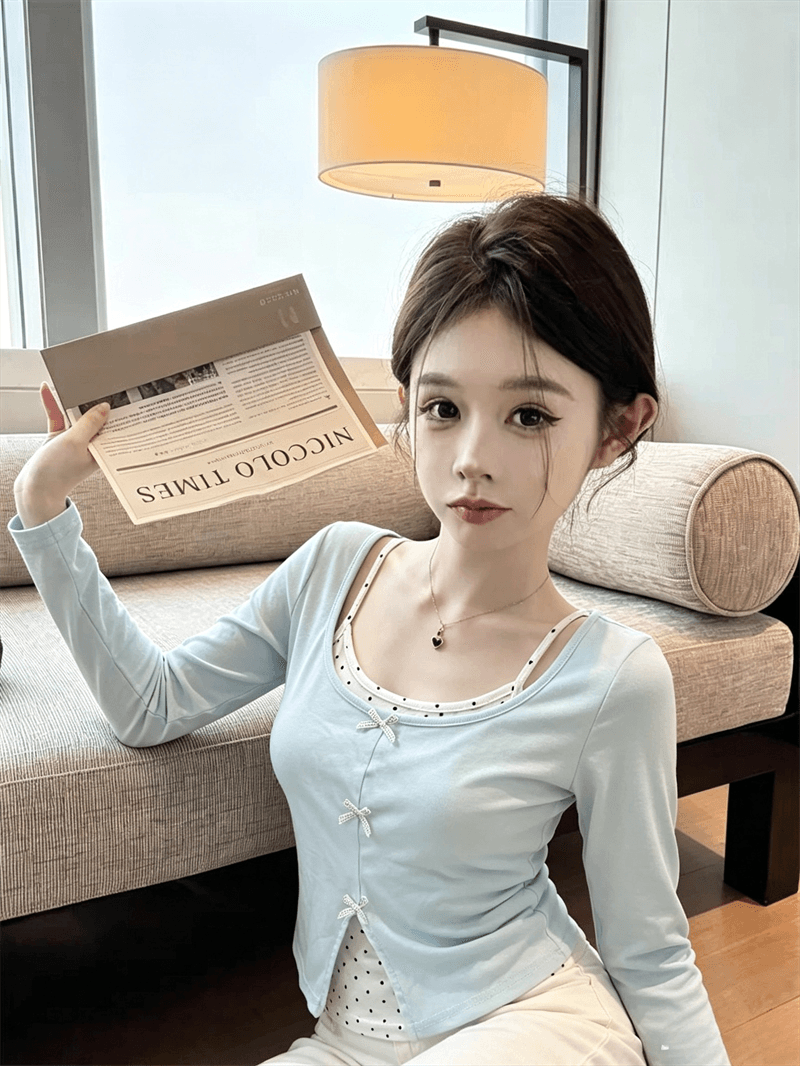 실사 가을 낮음 라운드 넥 패치워크 도트 무늬 행침 목 스타일 레이스업 몸매 가꾸기 긴팔 나비 매듭 페이크 레이어드 풀오버 티셔츠 상세 이미지 14