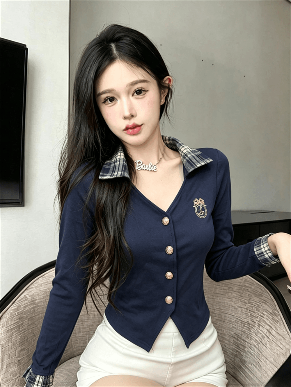 실사 가을 POLO 칼라 패치워크 쇼트 스타일 불규칙 몸매 가꾸기 페이크 레이어드 수 있습니다. 소금 수 있습니다. 달콤한 소매 핫걸 오픈 가디건 셔츠