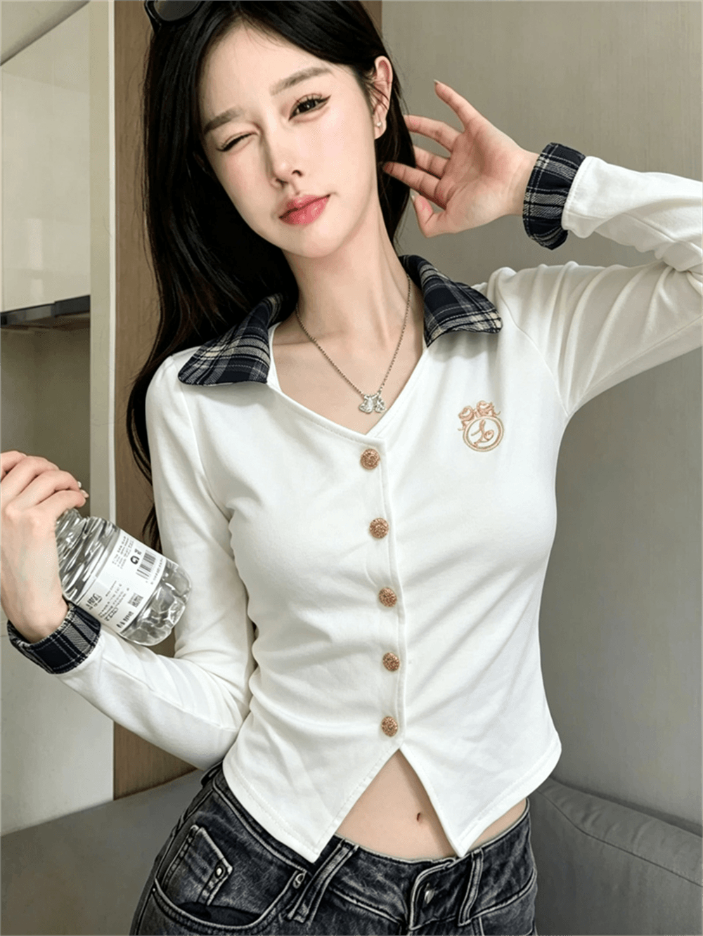실사 가을 POLO 칼라 패치워크 쇼트 스타일 불규칙 몸매 가꾸기 페이크 레이어드 수 있습니다. 소금 수 있습니다. 달콤한 소매 핫걸 오픈 가디건 셔츠 이미지 4