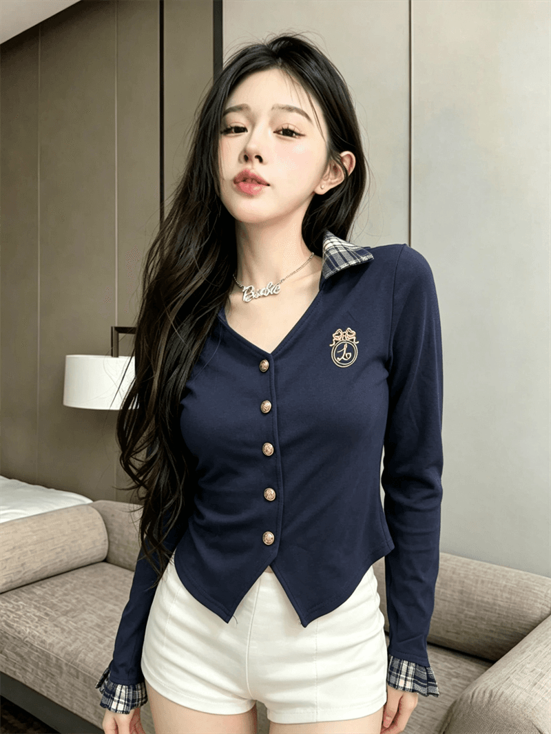 실사 가을 POLO 칼라 패치워크 쇼트 스타일 불규칙 몸매 가꾸기 페이크 레이어드 수 있습니다. 소금 수 있습니다. 달콤한 소매 핫걸 오픈 가디건 셔츠 상세 이미지 4