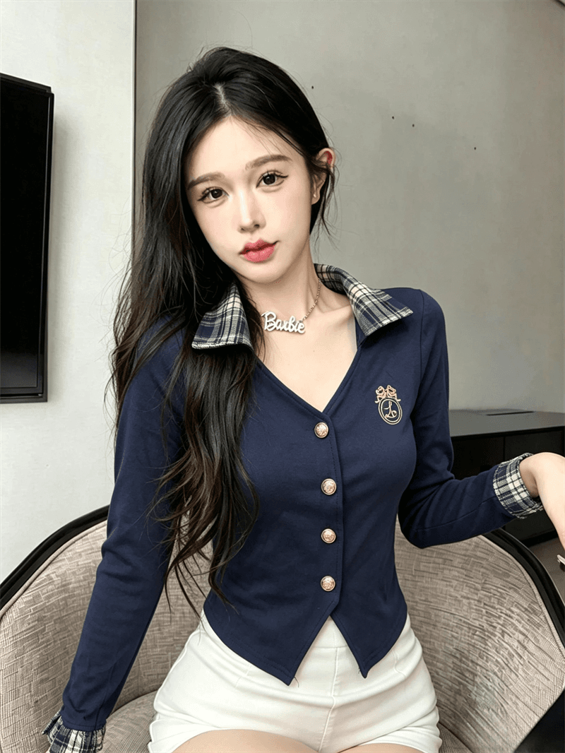 실사 가을 POLO 칼라 패치워크 쇼트 스타일 불규칙 몸매 가꾸기 페이크 레이어드 수 있습니다. 소금 수 있습니다. 달콤한 소매 핫걸 오픈 가디건 셔츠 상세 이미지 5