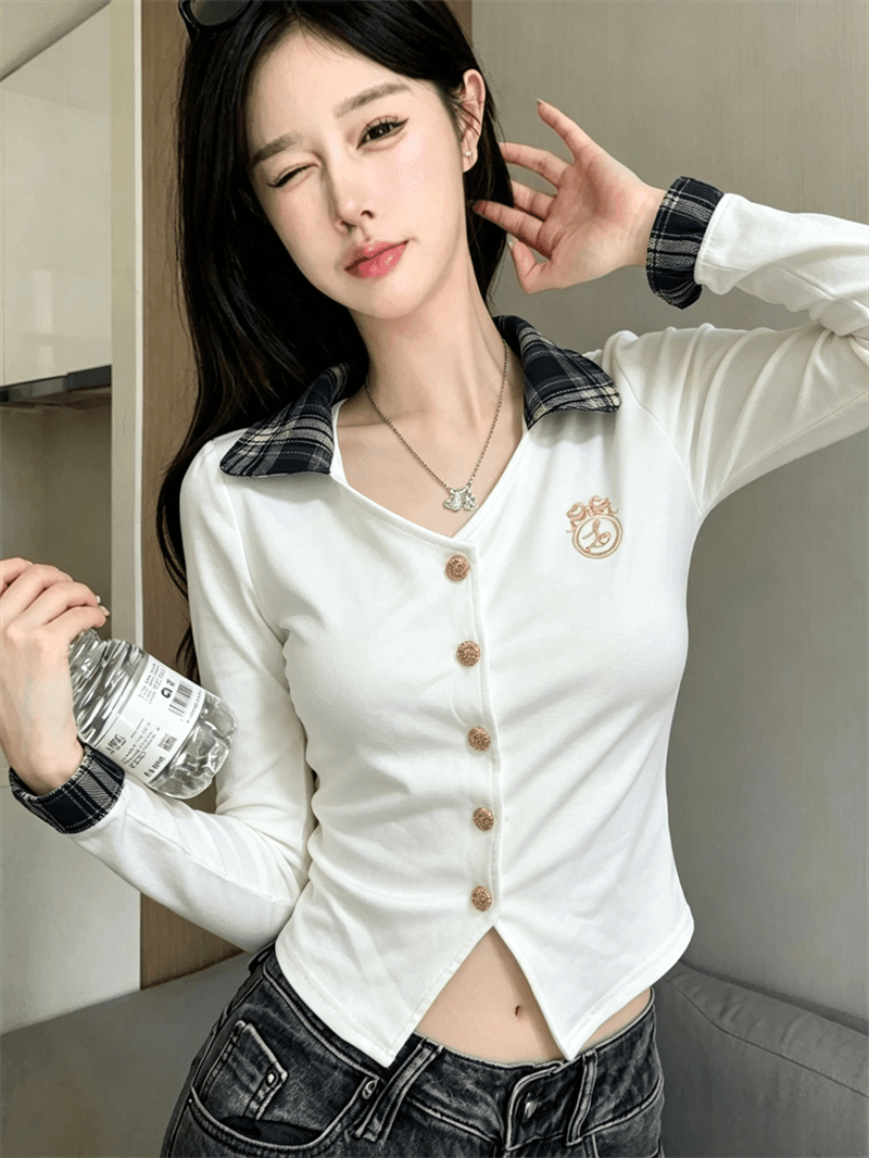 실사 가을 POLO 칼라 패치워크 쇼트 스타일 불규칙 몸매 가꾸기 페이크 레이어드 수 있습니다. 소금 수 있습니다. 달콤한 소매 핫걸 오픈 가디건 셔츠 상세 이미지 11