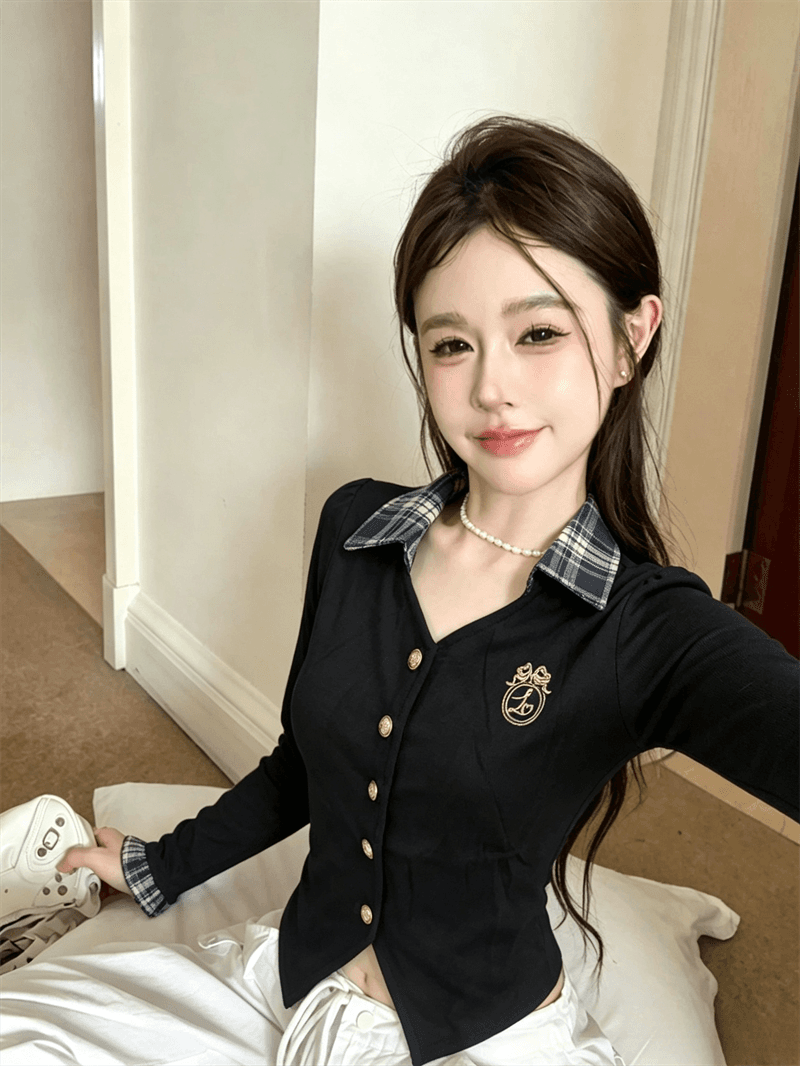 실사 가을 POLO 칼라 패치워크 쇼트 스타일 불규칙 몸매 가꾸기 페이크 레이어드 수 있습니다. 소금 수 있습니다. 달콤한 소매 핫걸 오픈 가디건 셔츠 상세 이미지 13