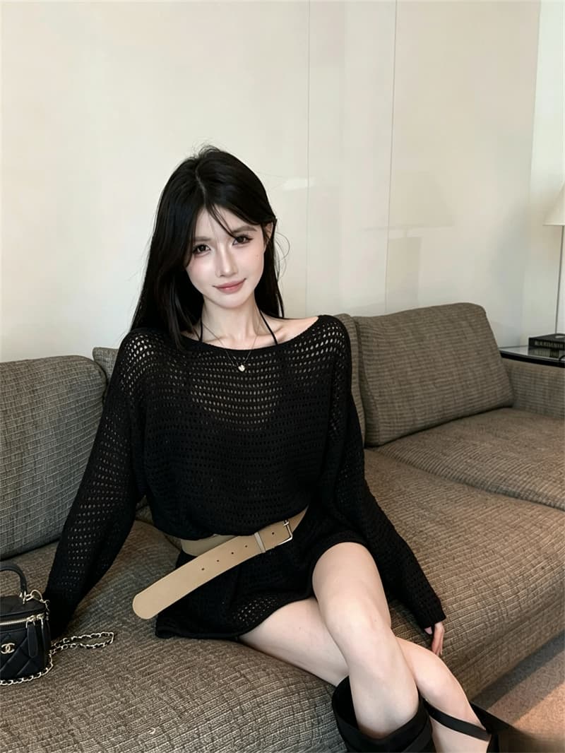 실사 봄 가을 긴팔 느긋한 바람 낮음 라운드 넥 니트 미니 스커트 품격 루즈핏 종류 풀오버 미니멀리즘 홀로우 아웃 스웨터 상세 이미지 6