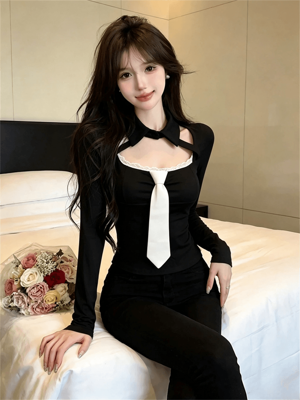 실사 가을 레이스 측면 광장 칼라 패치워크 넥타이 쇼트 스타일 몸매 가꾸기 페이크 레이어드 핫걸 순수한 욕망 바람 풀오버 티셔츠 이미지 3