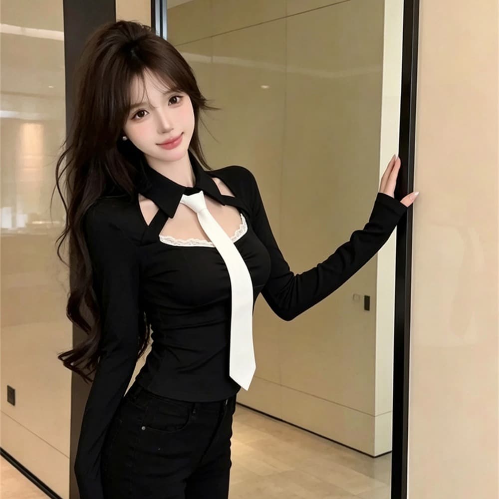 실사 가을 레이스 측면 광장 칼라 패치워크 넥타이 쇼트 스타일 몸매 가꾸기 페이크 레이어드 핫걸 순수한 욕망 바람 풀오버 티셔츠 이미지 5