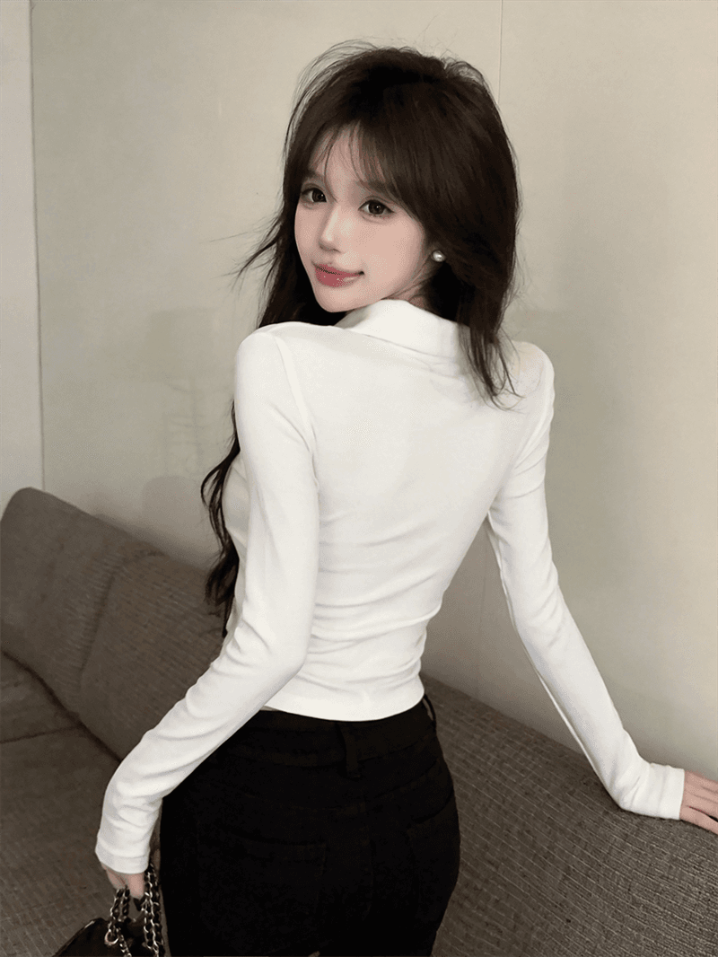 실사 가을 레이스 측면 광장 칼라 패치워크 넥타이 쇼트 스타일 몸매 가꾸기 페이크 레이어드 핫걸 순수한 욕망 바람 풀오버 티셔츠 상세 이미지 5