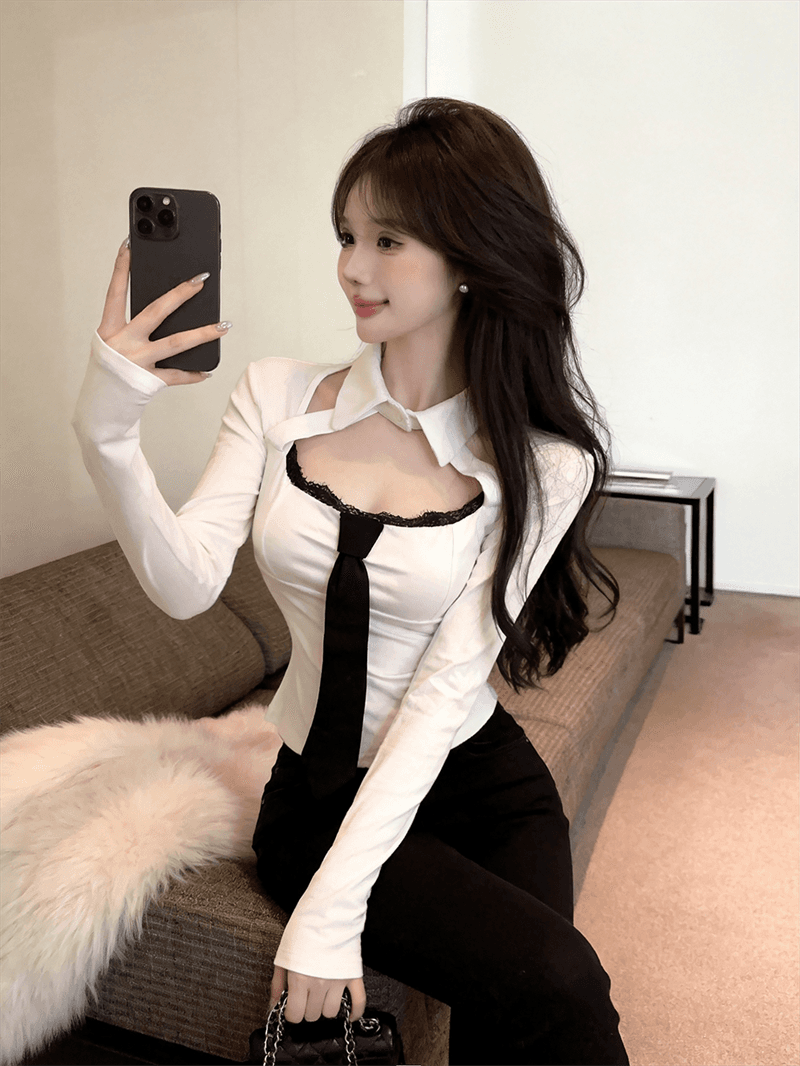 실사 가을 레이스 측면 광장 칼라 패치워크 넥타이 쇼트 스타일 몸매 가꾸기 페이크 레이어드 핫걸 순수한 욕망 바람 풀오버 티셔츠 상세 이미지 6