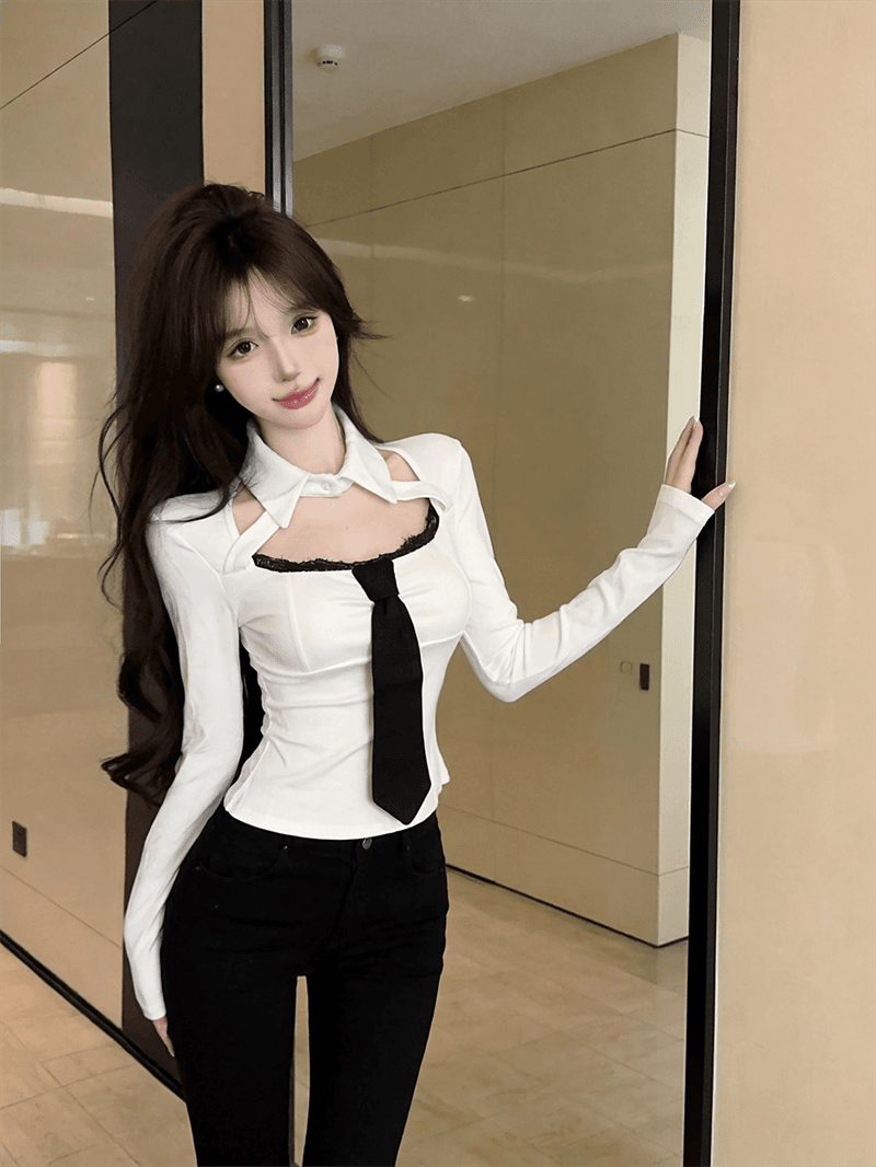 실사 가을 레이스 측면 광장 칼라 패치워크 넥타이 쇼트 스타일 몸매 가꾸기 페이크 레이어드 핫걸 순수한 욕망 바람 풀오버 티셔츠 상세 이미지 7