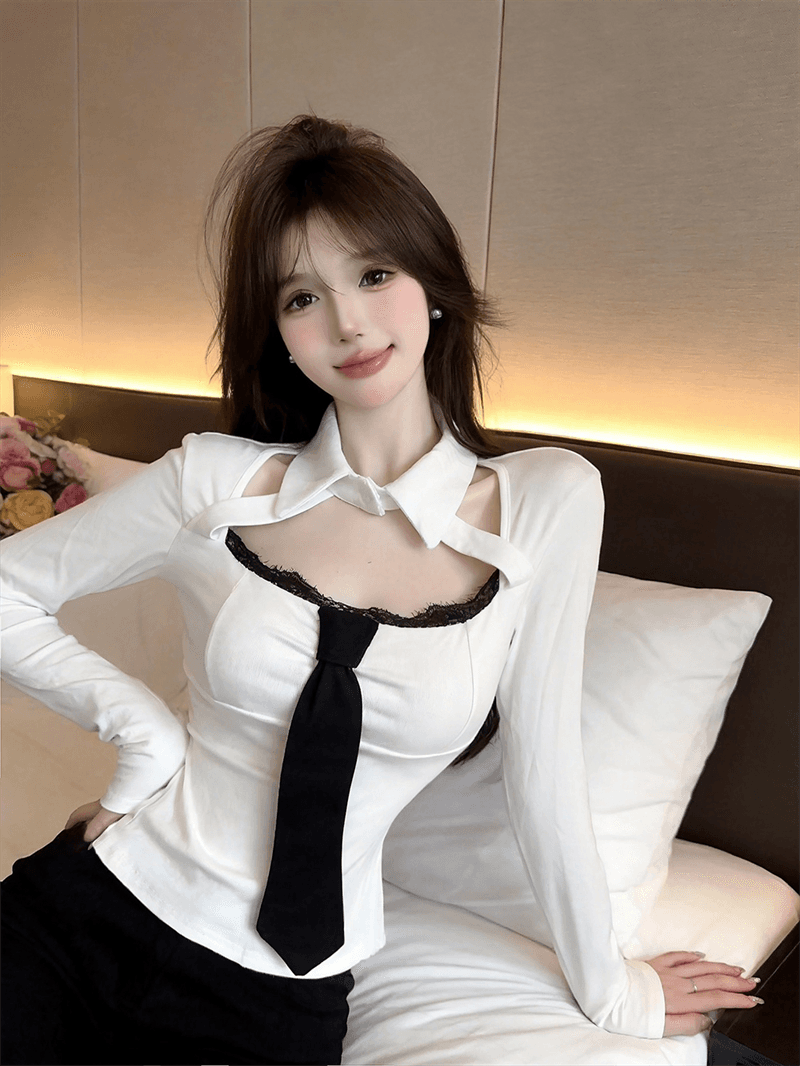 실사 가을 레이스 측면 광장 칼라 패치워크 넥타이 쇼트 스타일 몸매 가꾸기 페이크 레이어드 핫걸 순수한 욕망 바람 풀오버 티셔츠 상세 이미지 8