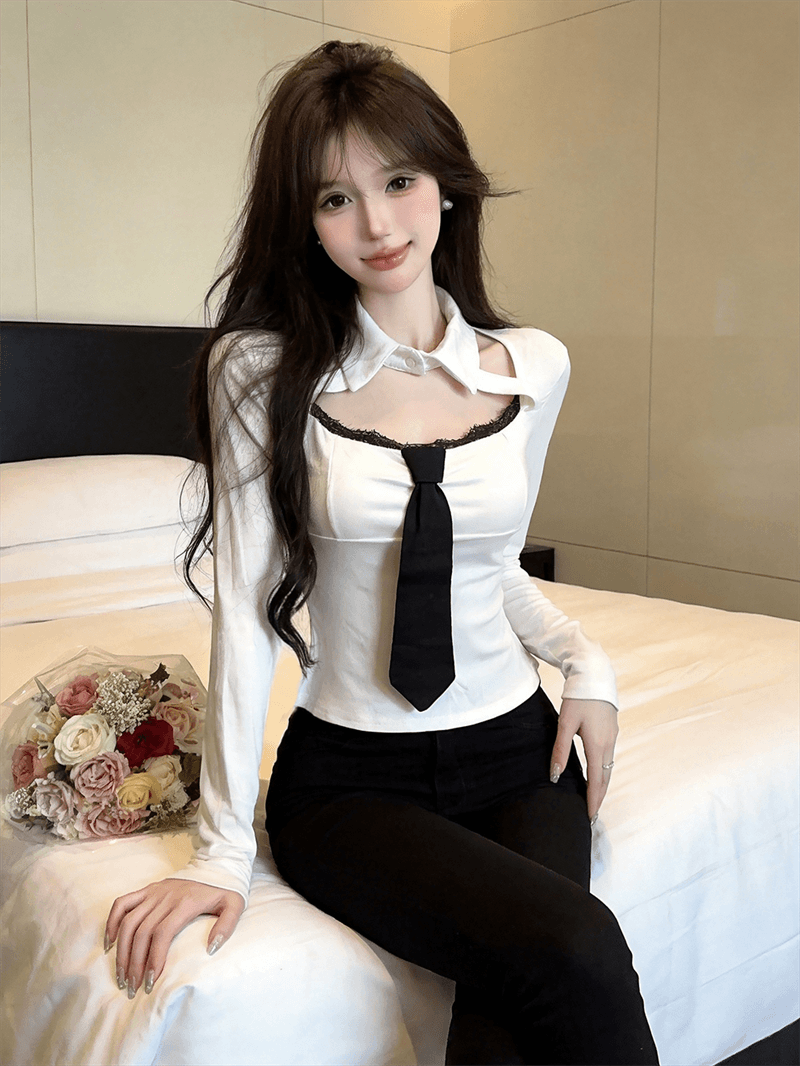 실사 가을 레이스 측면 광장 칼라 패치워크 넥타이 쇼트 스타일 몸매 가꾸기 페이크 레이어드 핫걸 순수한 욕망 바람 풀오버 티셔츠 상세 이미지 9