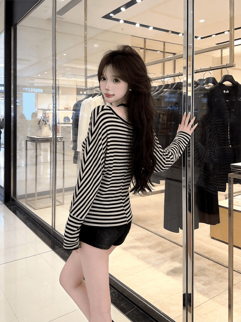 실사 가을 낮음 라운드 넥 스트라이프 긴팔 몸매 가꾸기 배트윙 소매 티셔츠 쇼트 스타일 아름다움 뒤로 레이스업 포장 가슴 투피스 세트 상세 이미지 4