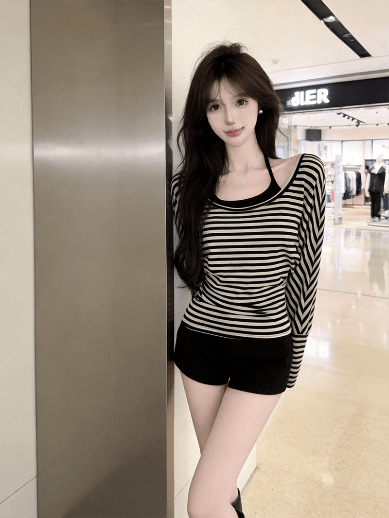 실사 가을 낮음 라운드 넥 스트라이프 긴팔 몸매 가꾸기 배트윙 소매 티셔츠 쇼트 스타일 아름다움 뒤로 레이스업 포장 가슴 투피스 세트 상세 이미지 11