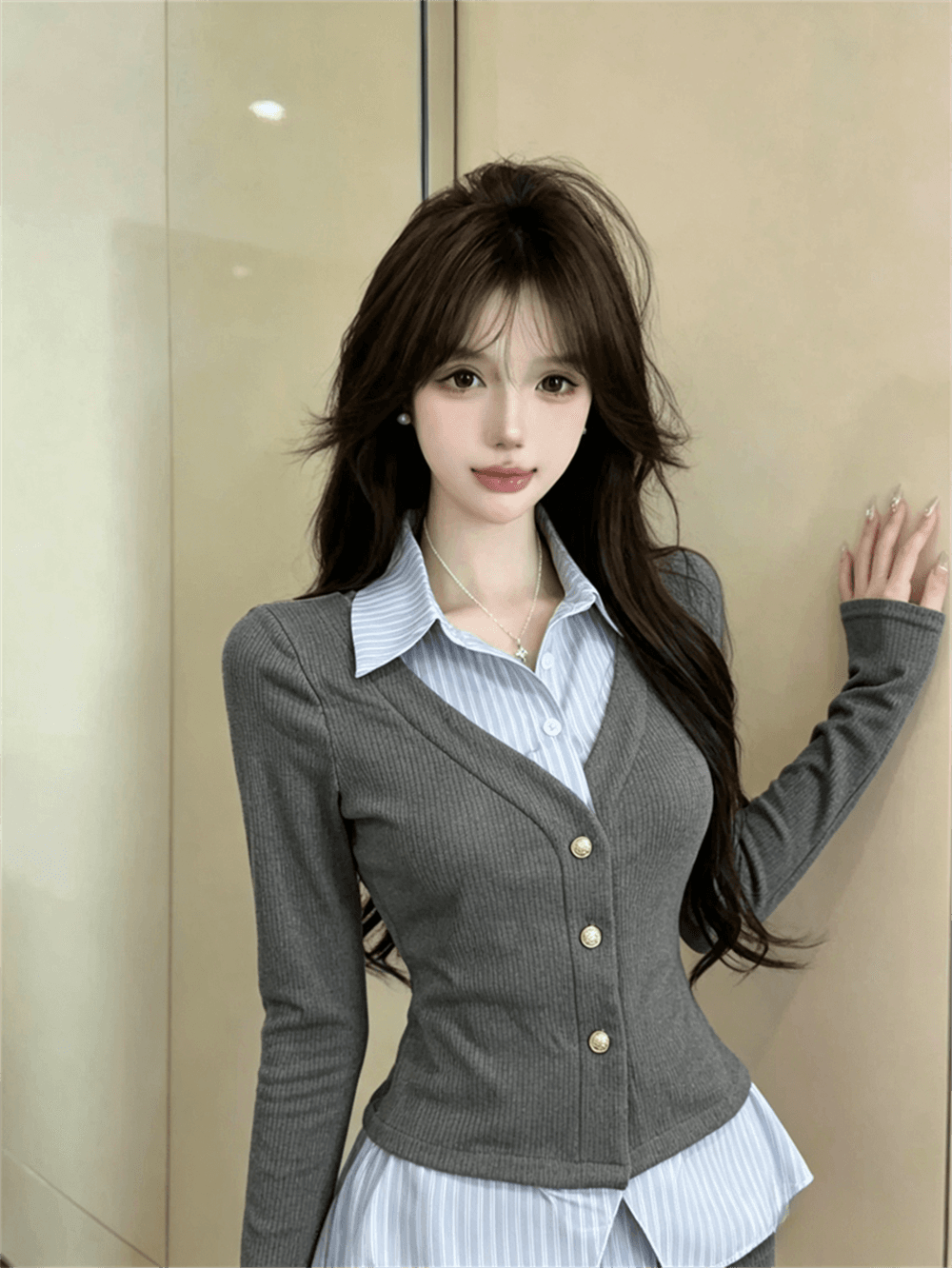 실사 가을 디자인 센스 POLO 칼라 패치워크 스트라이프 몸매 가꾸기 긴팔 불규칙 달콤함 페이크 레이어드 오픈 가디건 티셔츠 이미지 3