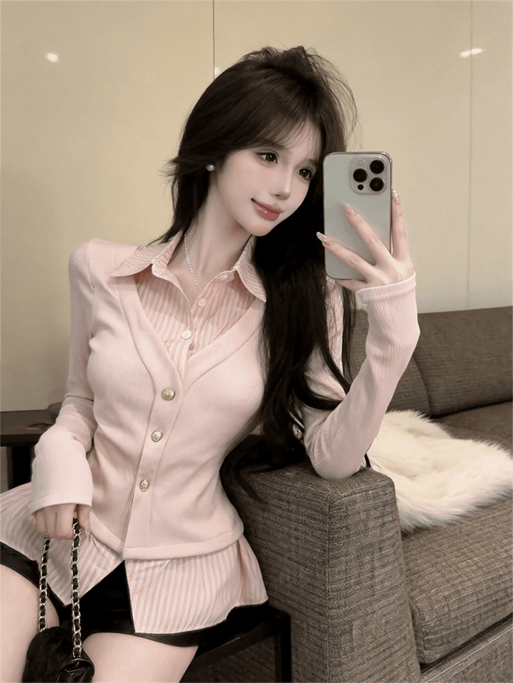 실사 가을 디자인 센스 POLO 칼라 패치워크 스트라이프 몸매 가꾸기 긴팔 불규칙 달콤함 페이크 레이어드 오픈 가디건 티셔츠