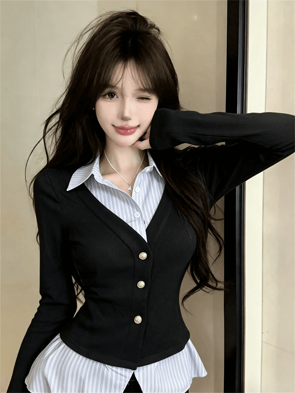 실사 가을 디자인 센스 POLO 칼라 패치워크 스트라이프 몸매 가꾸기 긴팔 불규칙 달콤함 페이크 레이어드 오픈 가디건 티셔츠 이미지 4