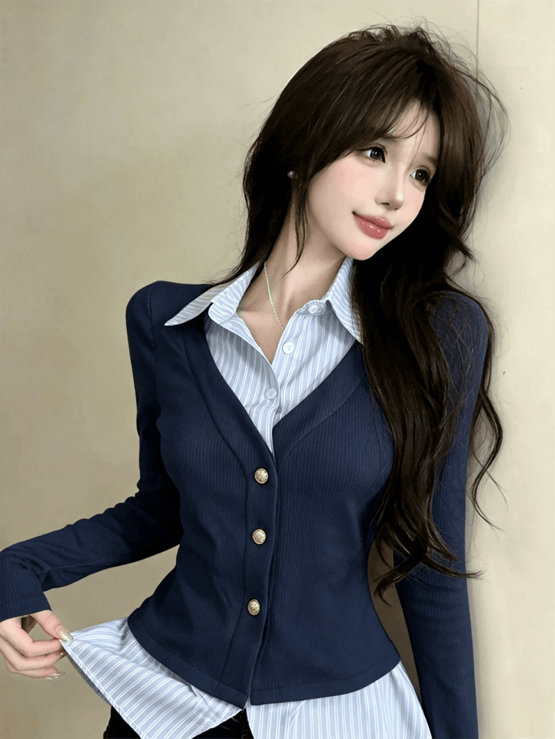 실사 가을 디자인 센스 POLO 칼라 패치워크 스트라이프 몸매 가꾸기 긴팔 불규칙 달콤함 페이크 레이어드 오픈 가디건 티셔츠 상세 이미지 1