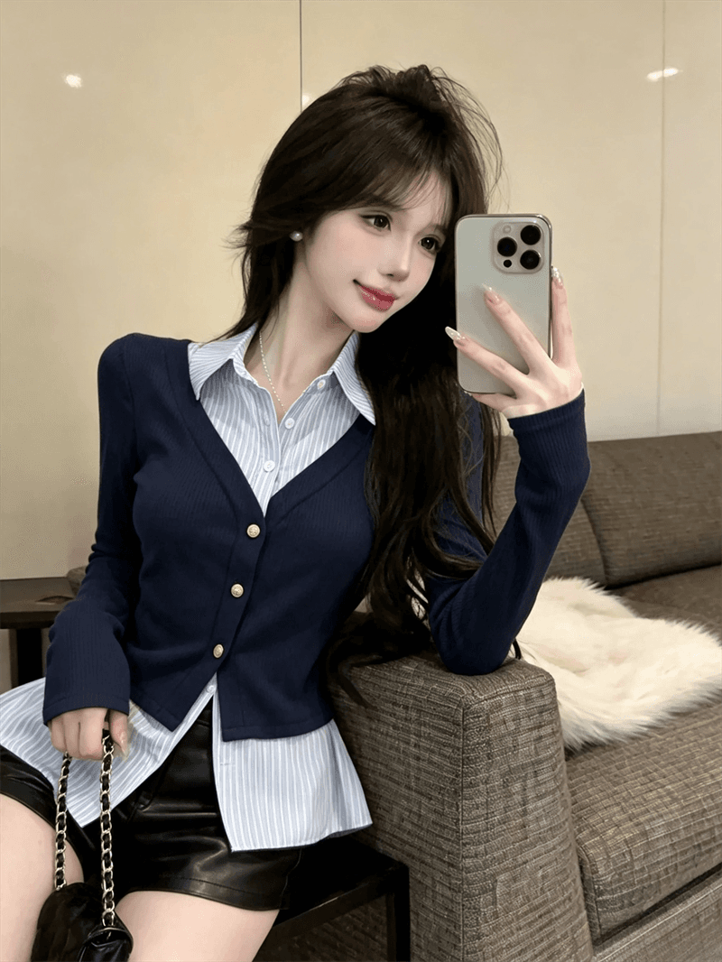 실사 가을 디자인 센스 POLO 칼라 패치워크 스트라이프 몸매 가꾸기 긴팔 불규칙 달콤함 페이크 레이어드 오픈 가디건 티셔츠 상세 이미지 2
