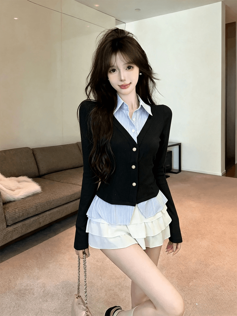 실사 가을 디자인 센스 POLO 칼라 패치워크 스트라이프 몸매 가꾸기 긴팔 불규칙 달콤함 페이크 레이어드 오픈 가디건 티셔츠 상세 이미지 3