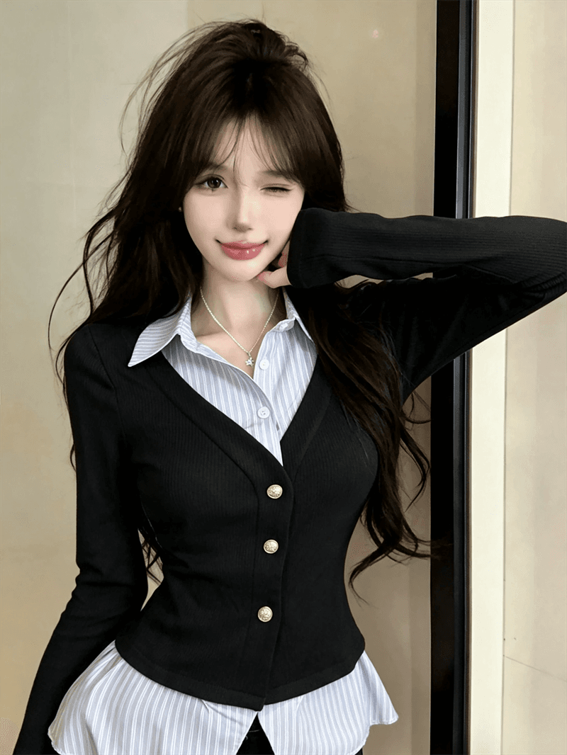 실사 가을 디자인 센스 POLO 칼라 패치워크 스트라이프 몸매 가꾸기 긴팔 불규칙 달콤함 페이크 레이어드 오픈 가디건 티셔츠 상세 이미지 4
