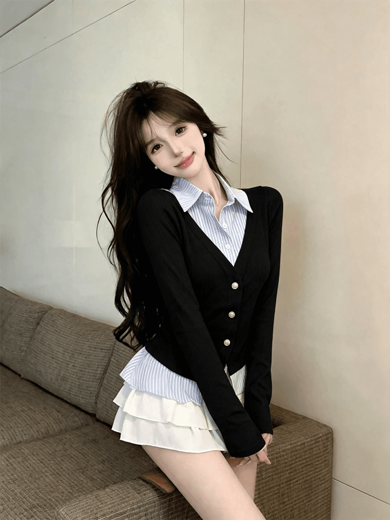 실사 가을 디자인 센스 POLO 칼라 패치워크 스트라이프 몸매 가꾸기 긴팔 불규칙 달콤함 페이크 레이어드 오픈 가디건 티셔츠 상세 이미지 5