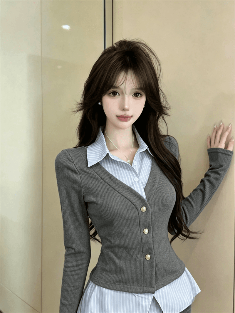 실사 가을 디자인 센스 POLO 칼라 패치워크 스트라이프 몸매 가꾸기 긴팔 불규칙 달콤함 페이크 레이어드 오픈 가디건 티셔츠 상세 이미지 6