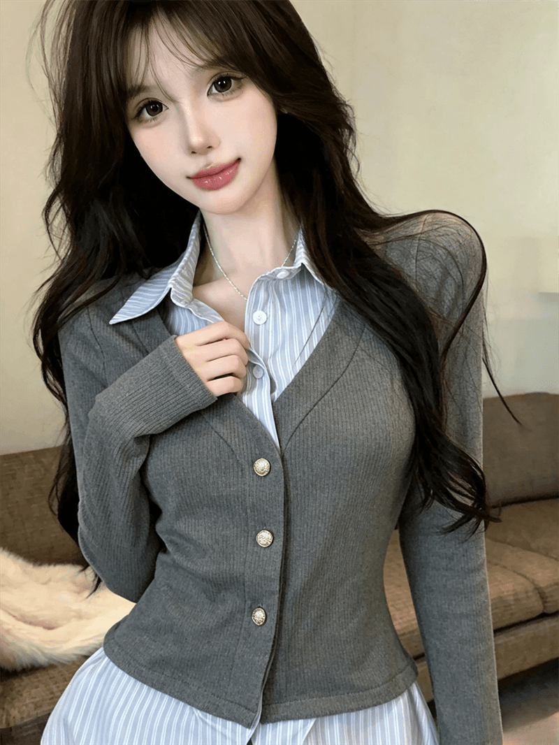 실사 가을 디자인 센스 POLO 칼라 패치워크 스트라이프 몸매 가꾸기 긴팔 불규칙 달콤함 페이크 레이어드 오픈 가디건 티셔츠 상세 이미지 7