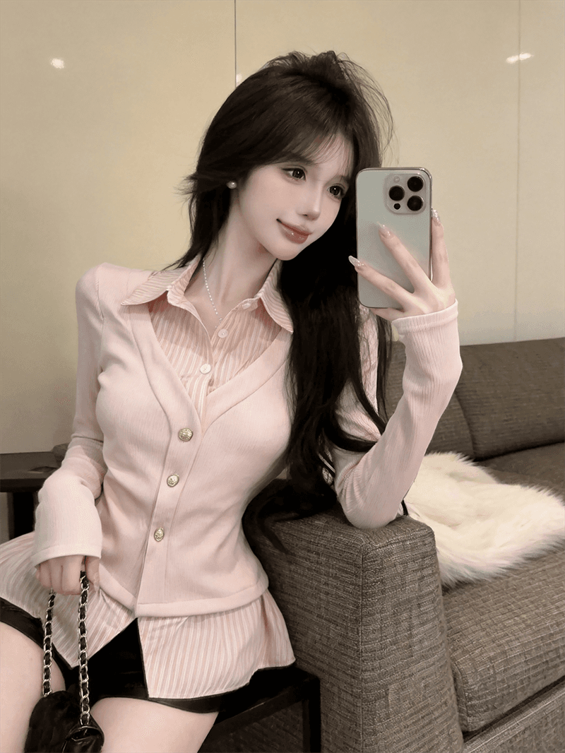 실사 가을 디자인 센스 POLO 칼라 패치워크 스트라이프 몸매 가꾸기 긴팔 불규칙 달콤함 페이크 레이어드 오픈 가디건 티셔츠 상세 이미지 9