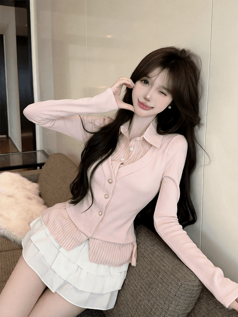 실사 가을 디자인 센스 POLO 칼라 패치워크 스트라이프 몸매 가꾸기 긴팔 불규칙 달콤함 페이크 레이어드 오픈 가디건 티셔츠 상세 이미지 10