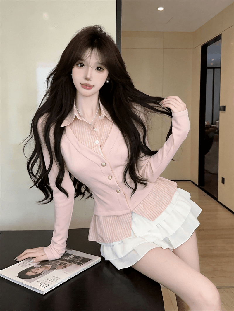 실사 가을 디자인 센스 POLO 칼라 패치워크 스트라이프 몸매 가꾸기 긴팔 불규칙 달콤함 페이크 레이어드 오픈 가디건 티셔츠 상세 이미지 11