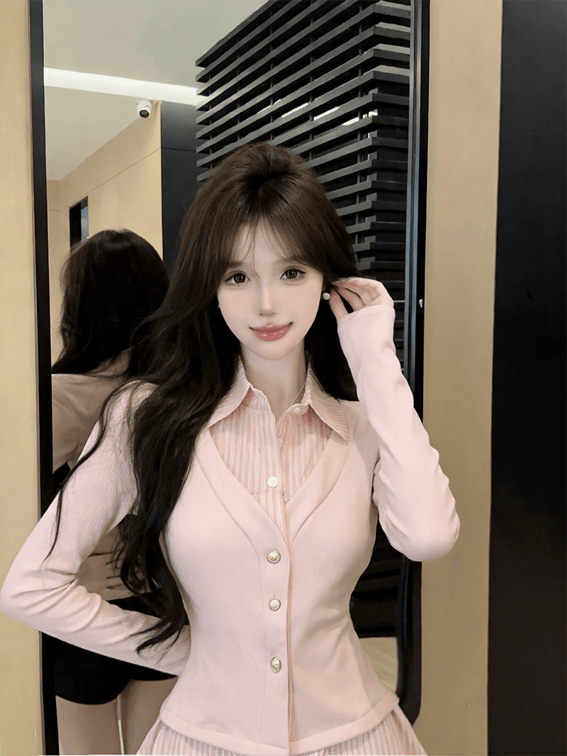 실사 가을 디자인 센스 POLO 칼라 패치워크 스트라이프 몸매 가꾸기 긴팔 불규칙 달콤함 페이크 레이어드 오픈 가디건 티셔츠 상세 이미지 12