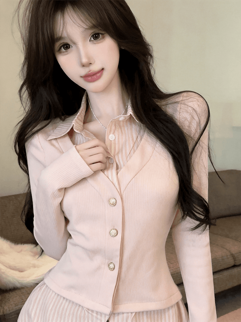 실사 가을 디자인 센스 POLO 칼라 패치워크 스트라이프 몸매 가꾸기 긴팔 불규칙 달콤함 페이크 레이어드 오픈 가디건 티셔츠 상세 이미지 13