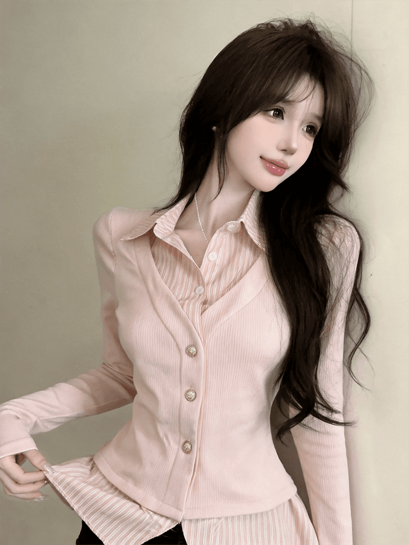 실사 가을 디자인 센스 POLO 칼라 패치워크 스트라이프 몸매 가꾸기 긴팔 불규칙 달콤함 페이크 레이어드 오픈 가디건 티셔츠 상세 이미지 14