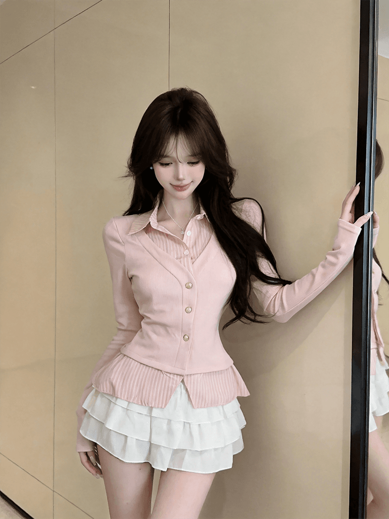 실사 가을 디자인 센스 POLO 칼라 패치워크 스트라이프 몸매 가꾸기 긴팔 불규칙 달콤함 페이크 레이어드 오픈 가디건 티셔츠 상세 이미지 15
