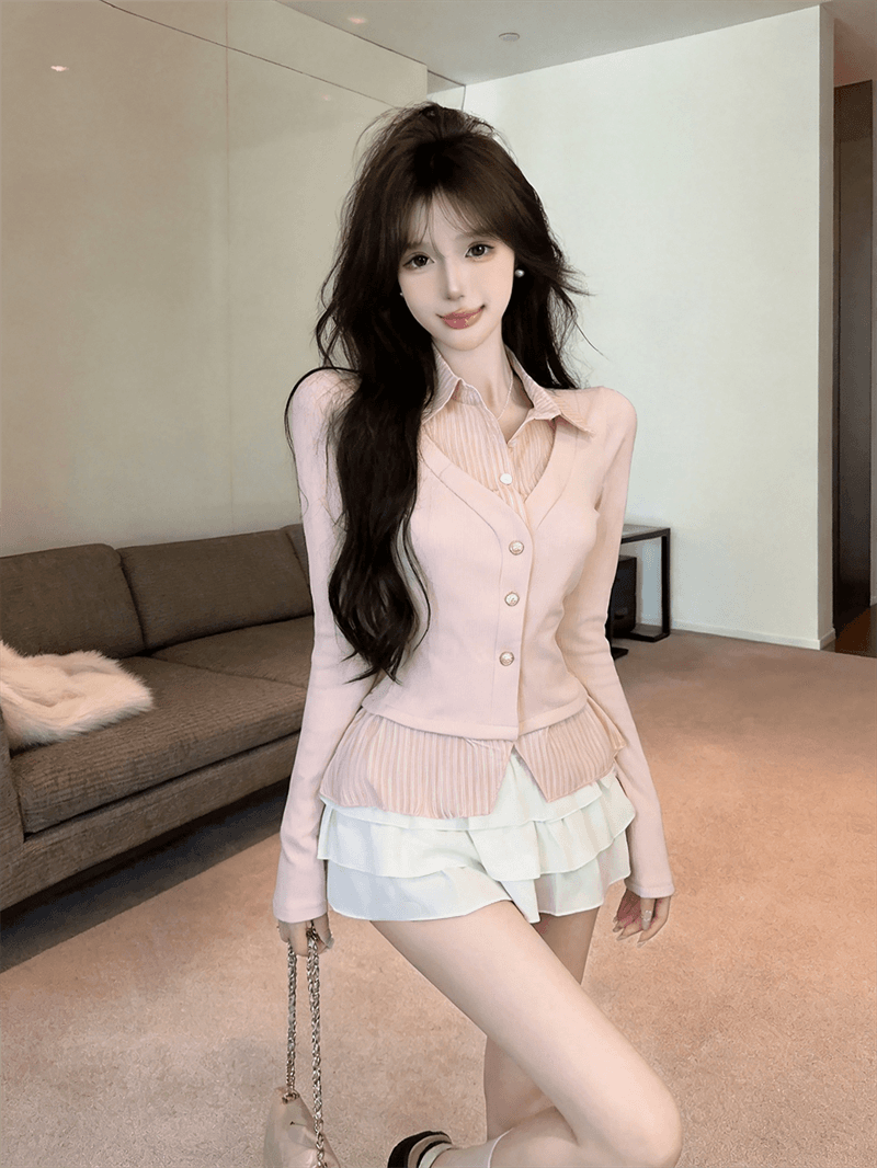 실사 가을 디자인 센스 POLO 칼라 패치워크 스트라이프 몸매 가꾸기 긴팔 불규칙 달콤함 페이크 레이어드 오픈 가디건 티셔츠 상세 이미지 16