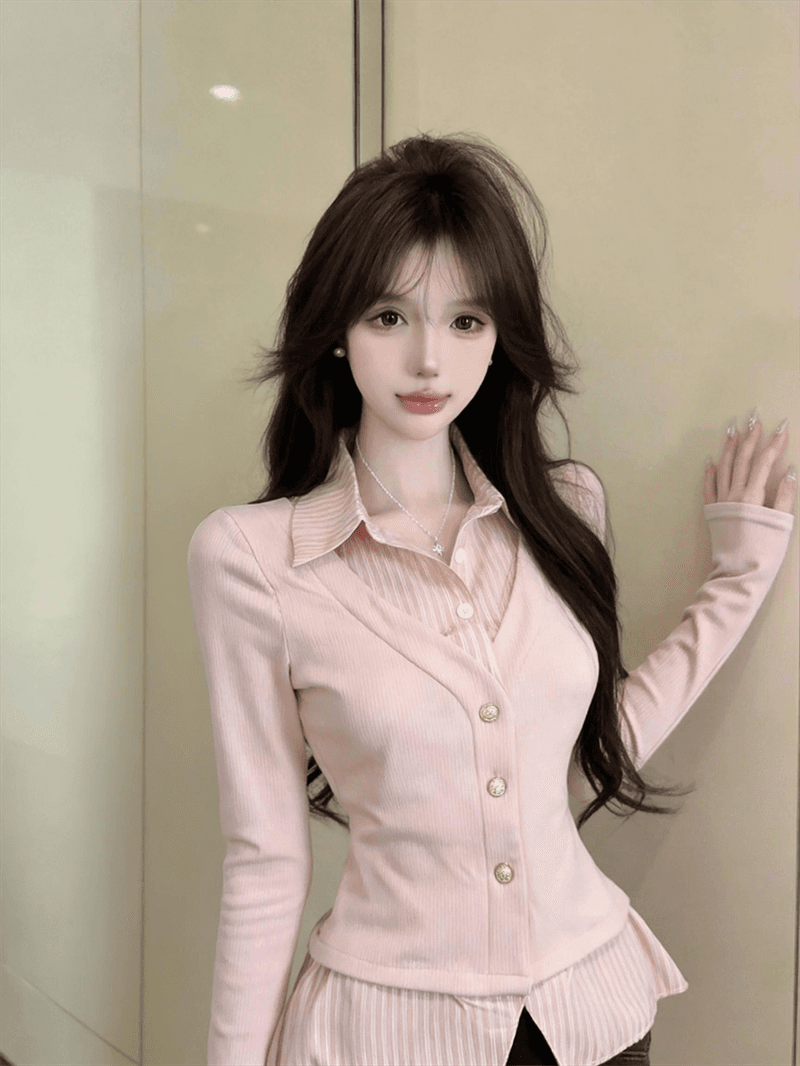 실사 가을 디자인 센스 POLO 칼라 패치워크 스트라이프 몸매 가꾸기 긴팔 불규칙 달콤함 페이크 레이어드 오픈 가디건 티셔츠 상세 이미지 17
