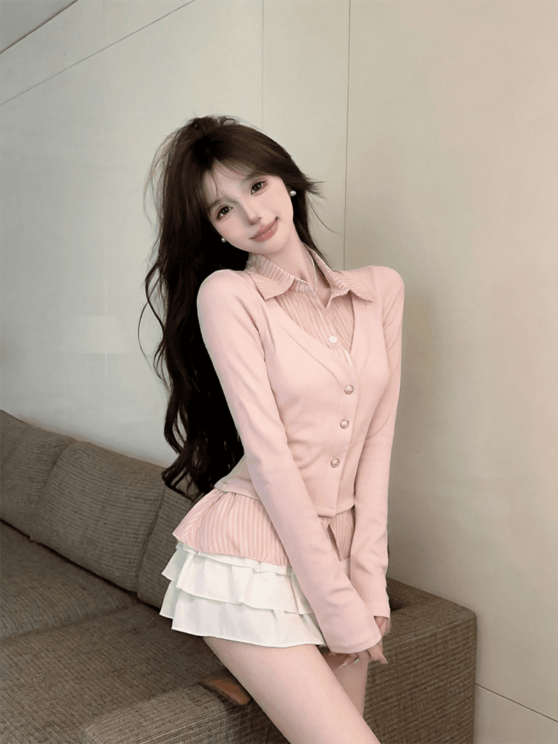 실사 가을 디자인 센스 POLO 칼라 패치워크 스트라이프 몸매 가꾸기 긴팔 불규칙 달콤함 페이크 레이어드 오픈 가디건 티셔츠 상세 이미지 18