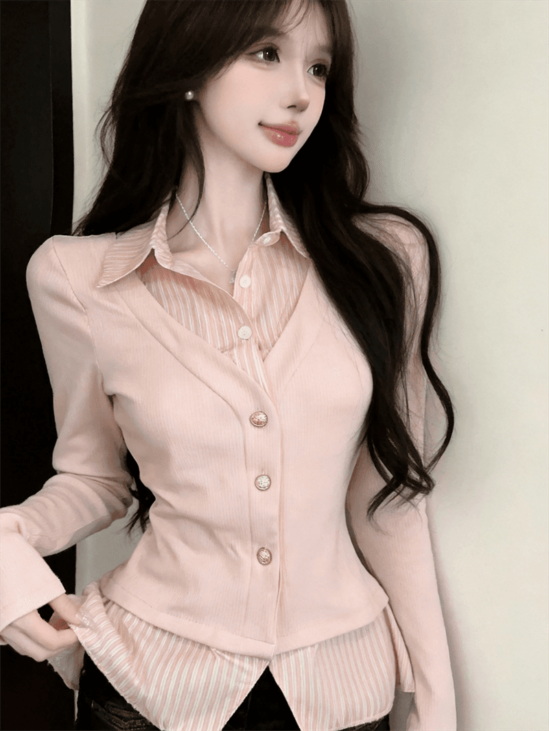 실사 가을 디자인 센스 POLO 칼라 패치워크 스트라이프 몸매 가꾸기 긴팔 불규칙 달콤함 페이크 레이어드 오픈 가디건 티셔츠 상세 이미지 19