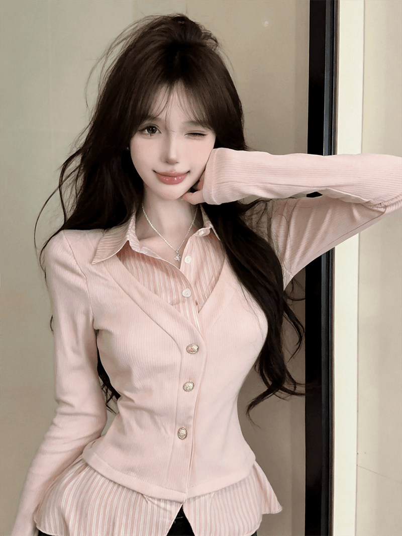 실사 가을 디자인 센스 POLO 칼라 패치워크 스트라이프 몸매 가꾸기 긴팔 불규칙 달콤함 페이크 레이어드 오픈 가디건 티셔츠 상세 이미지 20