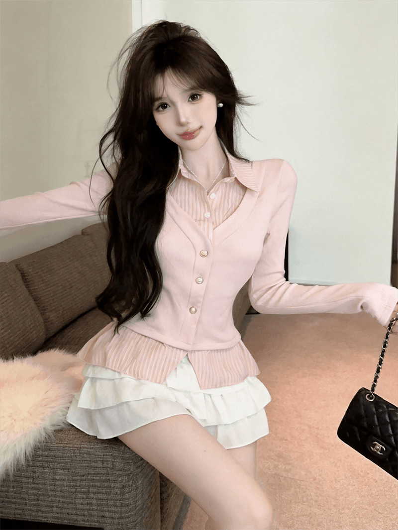 실사 가을 디자인 센스 POLO 칼라 패치워크 스트라이프 몸매 가꾸기 긴팔 불규칙 달콤함 페이크 레이어드 오픈 가디건 티셔츠 상세 이미지 21
