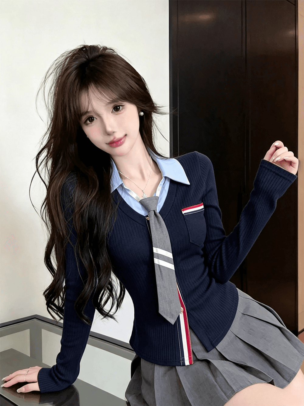 실사 가을 디자인 센스 POLO 칼라 패치워크 몸매 가꾸기 긴팔 불규칙 맨위 핫걸 페이크 레이어드 오픈 가디건 티셔츠 이미지 3