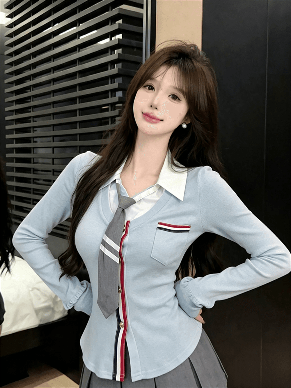 실사 가을 디자인 센스 POLO 칼라 패치워크 몸매 가꾸기 긴팔 불규칙 맨위 핫걸 페이크 레이어드 오픈 가디건 티셔츠 이미지 2