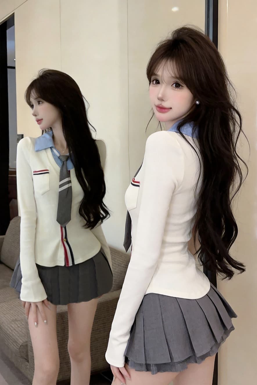 실사 가을 디자인 센스 POLO 칼라 패치워크 몸매 가꾸기 긴팔 불규칙 맨위 핫걸 페이크 레이어드 오픈 가디건 티셔츠 이미지 6