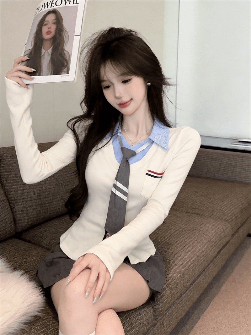 실사 가을 디자인 센스 POLO 칼라 패치워크 몸매 가꾸기 긴팔 불규칙 맨위 핫걸 페이크 레이어드 오픈 가디건 티셔츠 상세 이미지 2