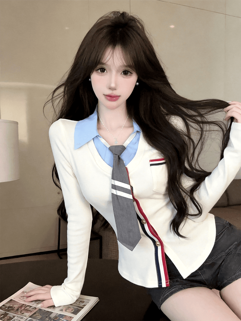 실사 가을 디자인 센스 POLO 칼라 패치워크 몸매 가꾸기 긴팔 불규칙 맨위 핫걸 페이크 레이어드 오픈 가디건 티셔츠 상세 이미지 3