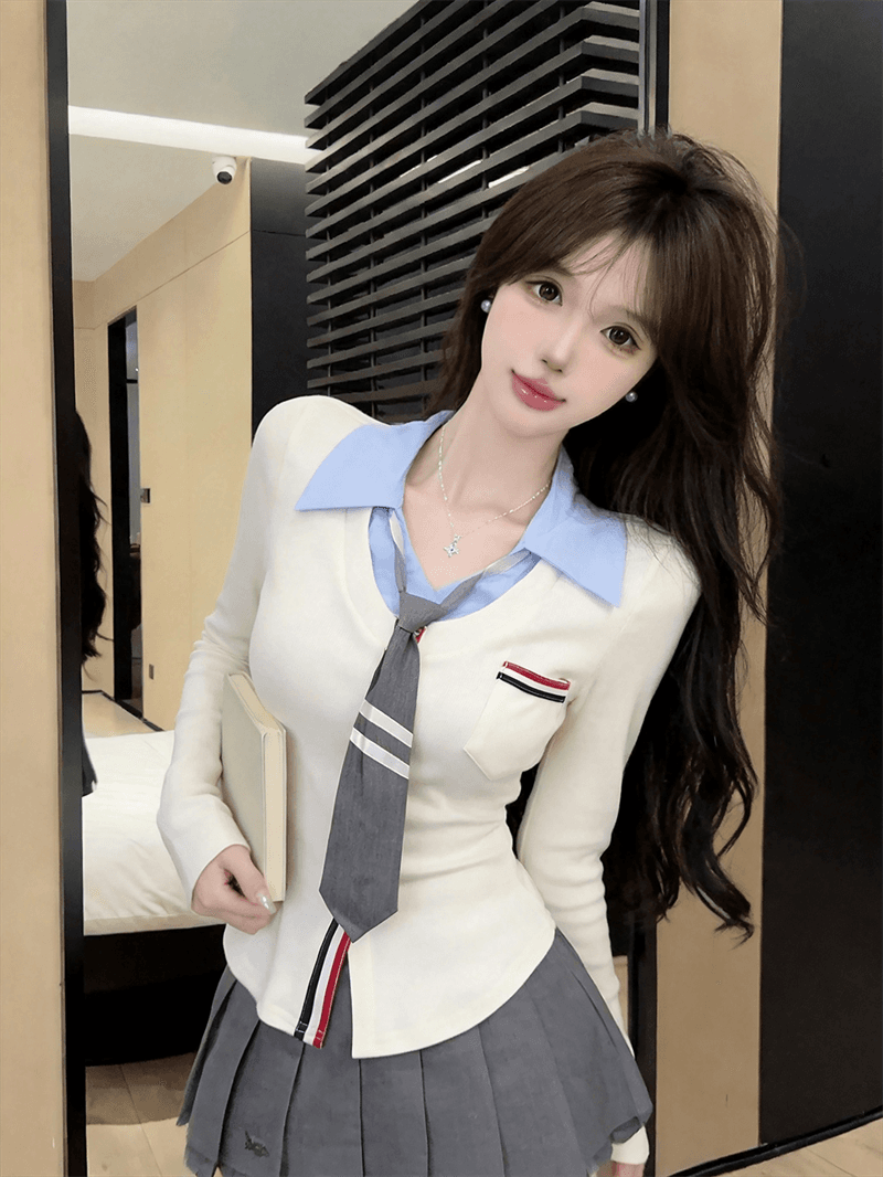 실사 가을 디자인 센스 POLO 칼라 패치워크 몸매 가꾸기 긴팔 불규칙 맨위 핫걸 페이크 레이어드 오픈 가디건 티셔츠 상세 이미지 4